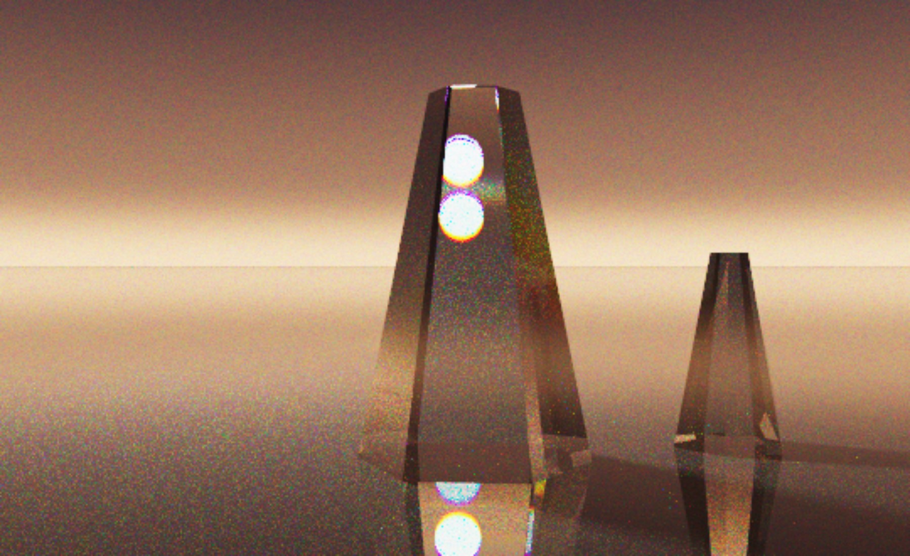A path-traced study: two crystal obelisks on a polished floor, backlit by a low sun, throwing dispersed caustics.